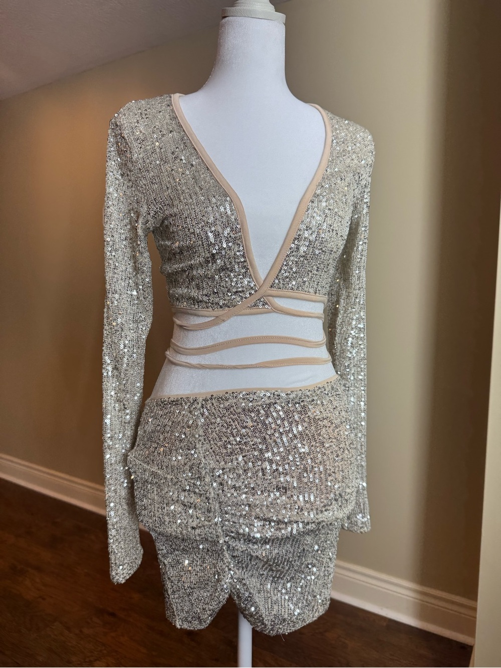 Fashion Nova Champagne Sequin Skirt Set - Sparkling Champagne